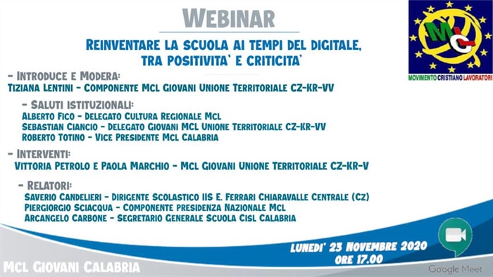 MCL Giovani Calabria: Webinar "Reinventare la scuola ai tempi del digitale, tra positività e criticità"
