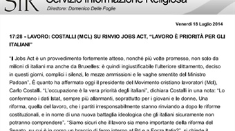 Costalli (Mcl) Su rinvio Jobs Act: “lavoro è priorità per gli italiani”