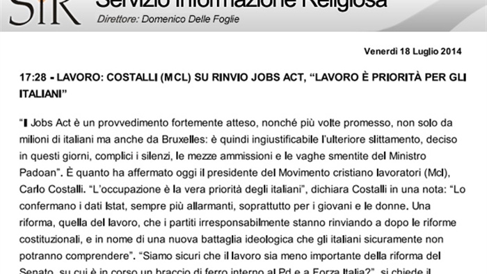 Costalli (Mcl) Su rinvio Jobs Act: “lavoro è priorità per gli italiani”