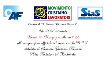 Firenze: inaugurazione Circolo M.C.L Firenze “Giovanni Bersani”