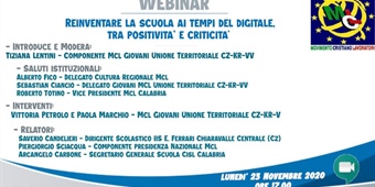MCL Giovani Calabria: Webinar "Reinventare la scuola ai tempi del digitale, tra positività e criticità"
