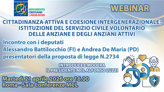 Webinar: Cittadinanza attiva e coesione intergenerazionale - Istituzione del Servizio Civile volontario delle anziane e degli anziani attivi